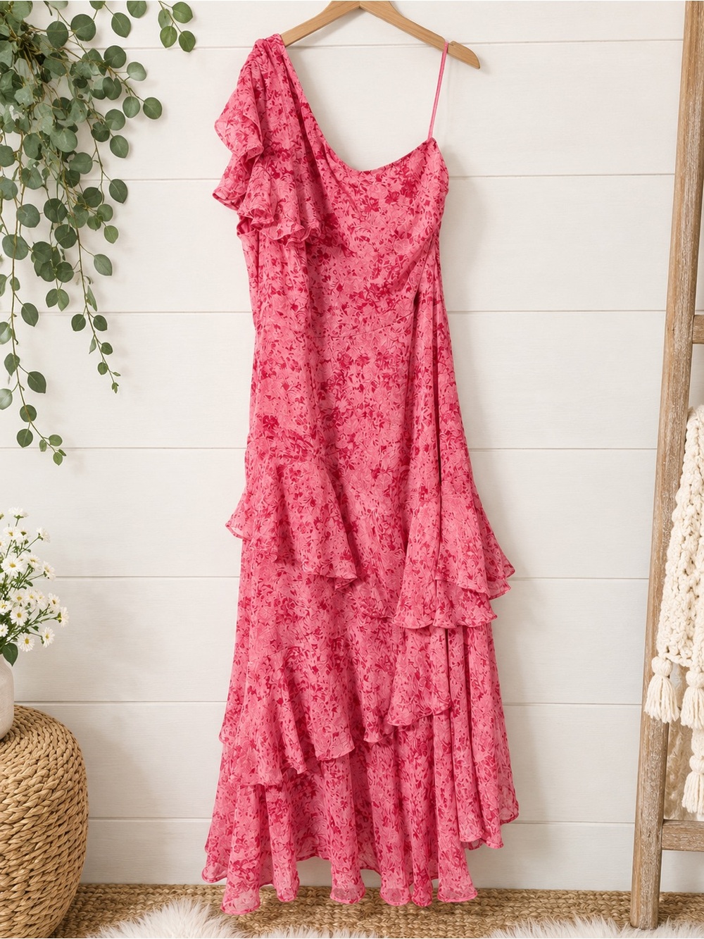 Fashion Nova Pink Floral One-Shoulder Ruffle Maxi Dress